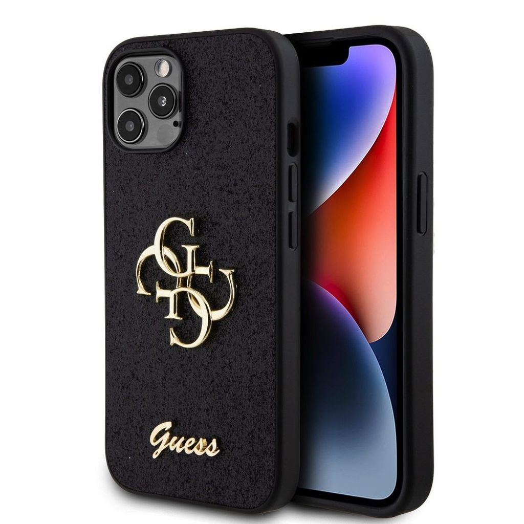 Guess PolyurethanFixed Glitter 4G Metal Logo Case für iPhone 12/12 Pro schwarz
