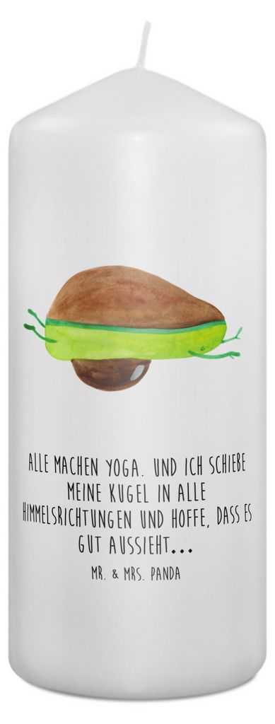 Mr. & Mrs. Panda Kerze Avocado Yoga 19 x 8 cm - Weiß - Geschenk, Bedruckte, Blockkerze, Humor, Hilfe, Erinnerungslicht, Erinnerungskerze, Unsportl...