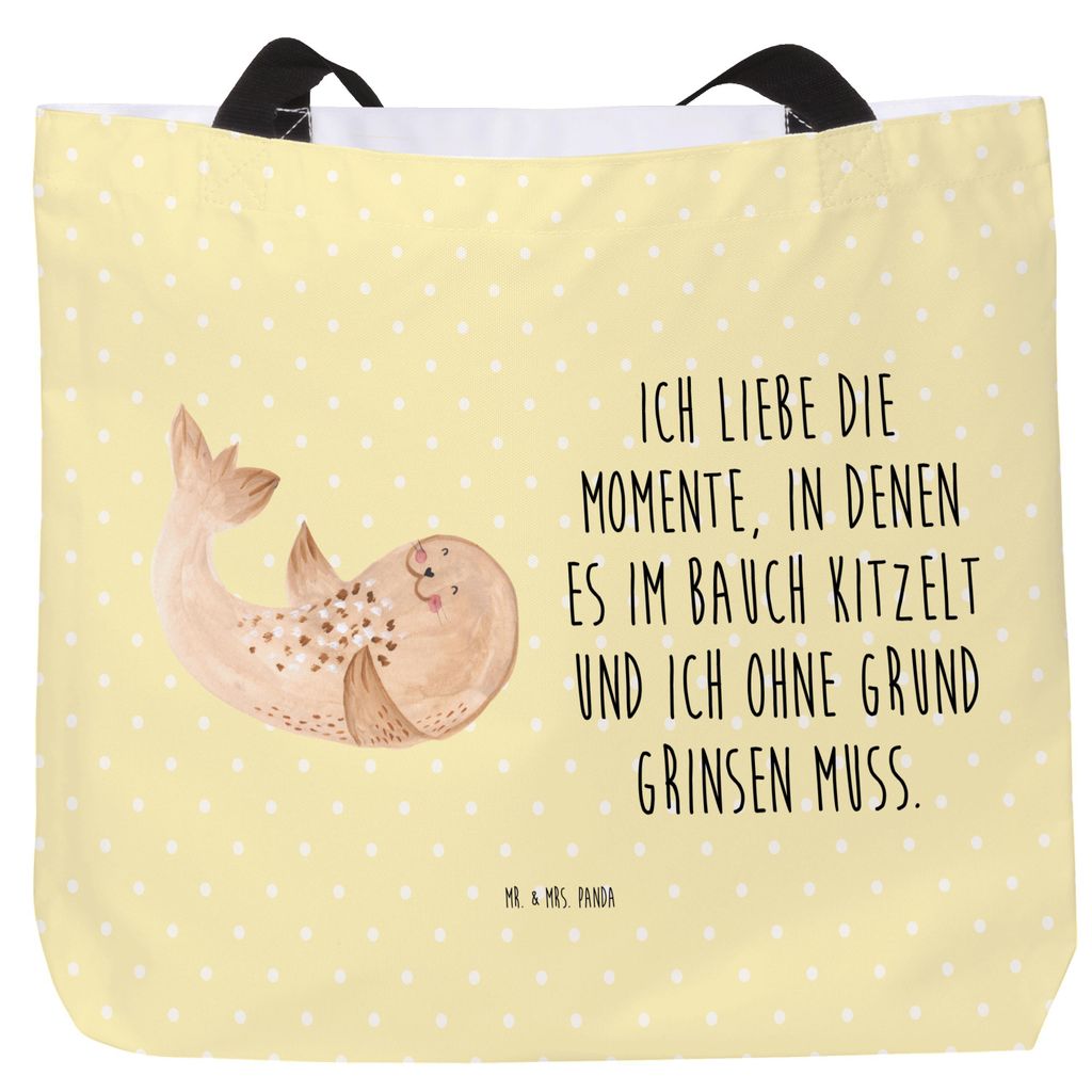 Mr. & Mrs. Panda Tote Bag Robbe Liegen - Gelb Pastell - Geschenk, Schultasche, Strand, Nordsee, Ostsee, Tragetasche, Einkaufstasche, Freude, Lustig...