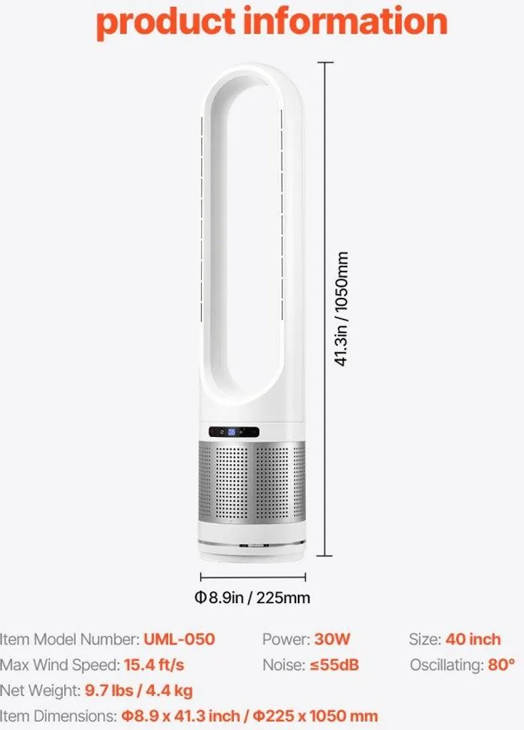 Ventilateur de tour 30W silencieux avec minuterie 8h et télécommande
