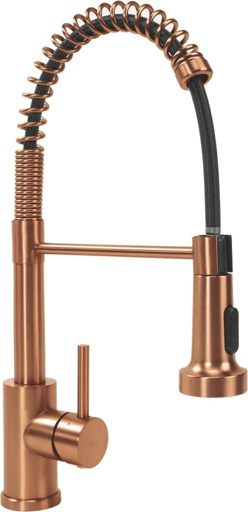 A copper kitchen faucet with a pull-down sprayer is shown against a white background.