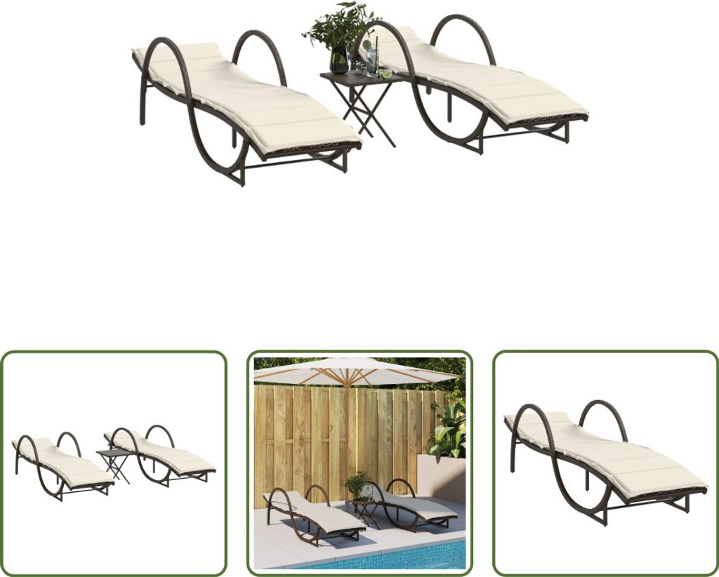 The Living Store Sonnenliegen 2 Stk. mit Tisch Braun Poly Rattan
