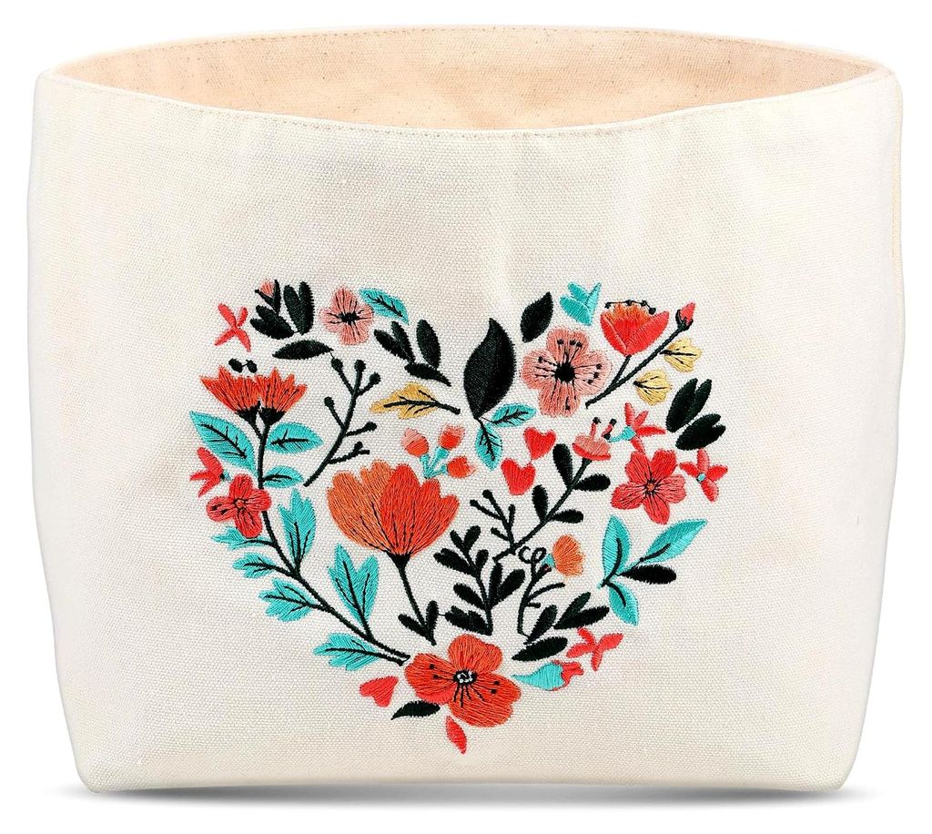 Brotkorb aus Stoff mit Blumenstickerei, charmante Tischdekoration, 38 x 22 x 16 cm, Geschenkkorb für Umzug, Auszug, Auszeit, Brötchenkorb, Einzug...