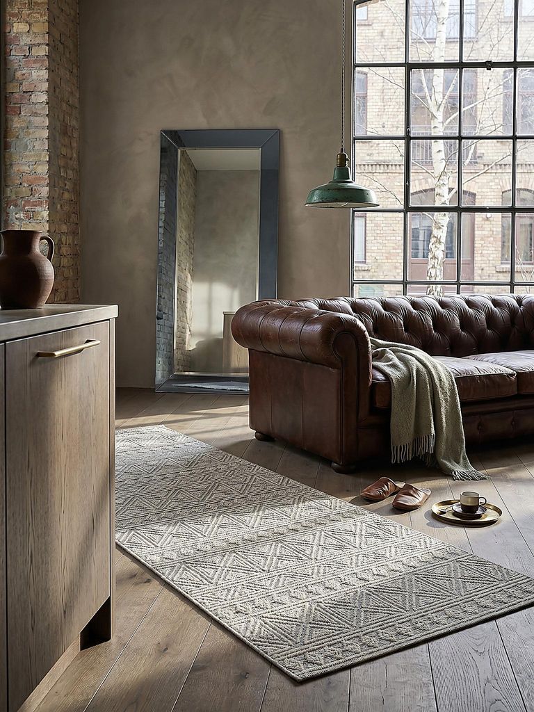 Teppichläufer Kurzflor Ethno Geometrisch Polyester Grau 78x230 cm Diele Eingang waschbar Boho LEAM | Kadima Design