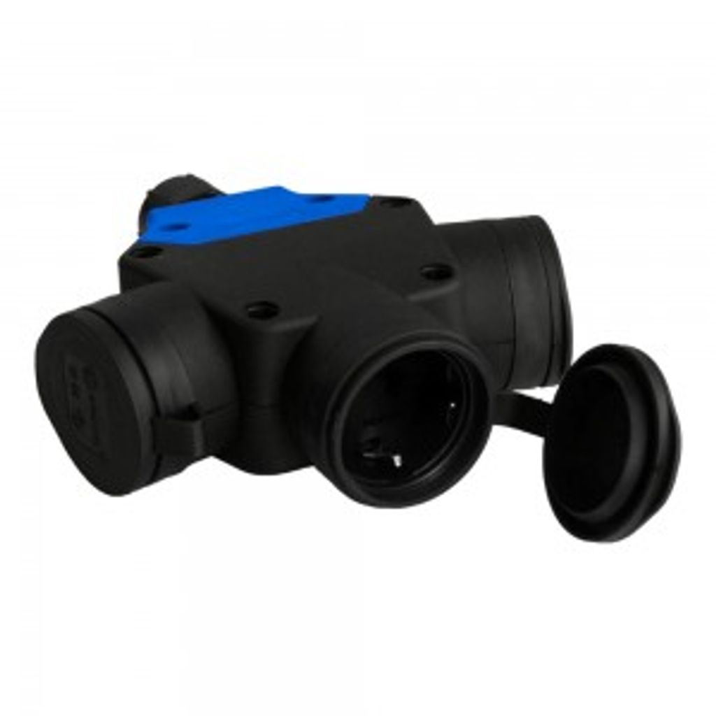 A black and blue electrical adapter with multiple outlets.