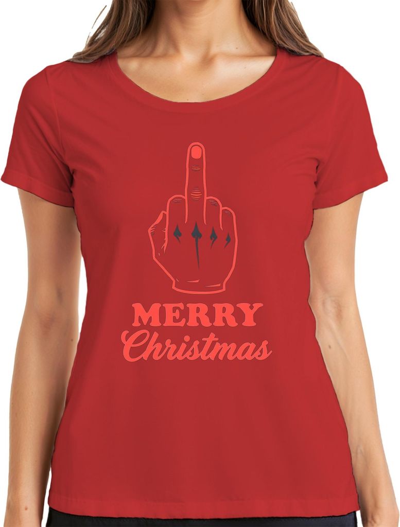 MERRY Christmas Mittelfinger frech sarkastisch Weihnachten lustig Damen T-Shirt, Rot, 3XL