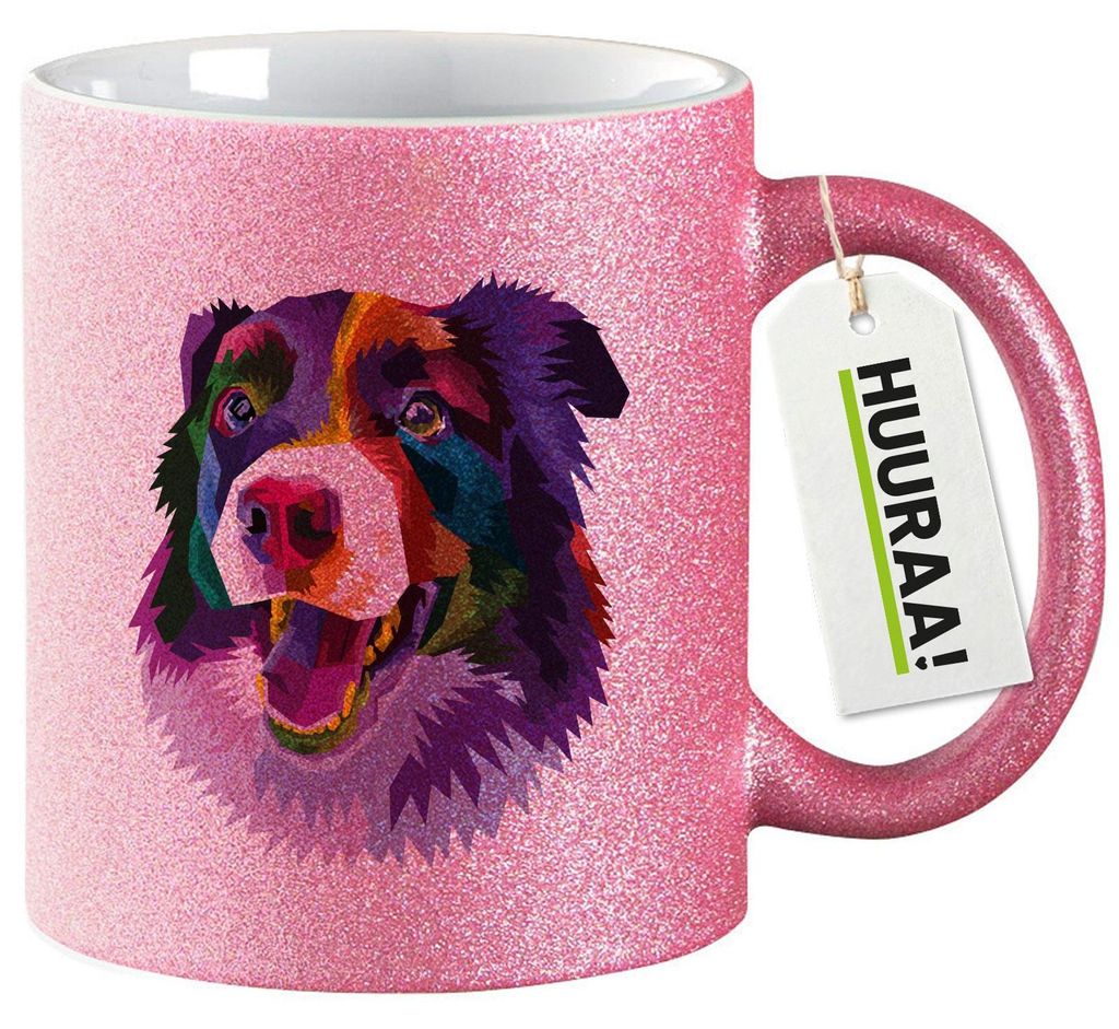 Huuraa Glitzertasse Border Collie Colorful 330ml Pink Keramik Kaffeebecher Geschenkidee