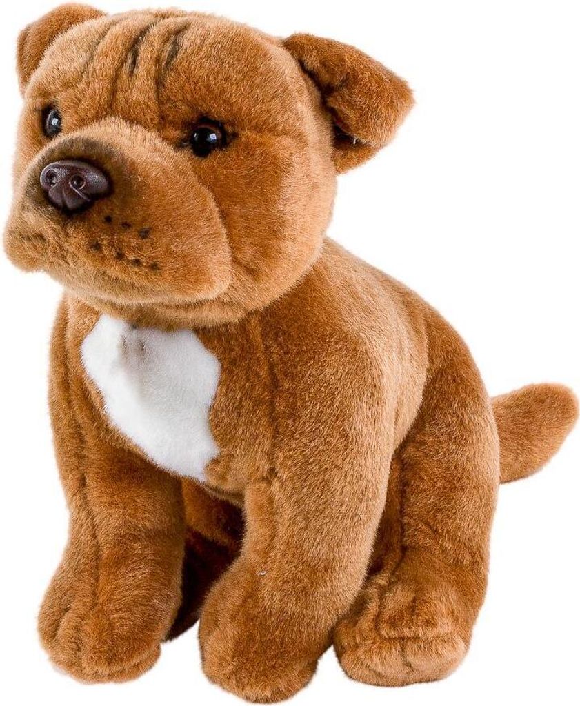 A plush toy dog sitting on a white background.
