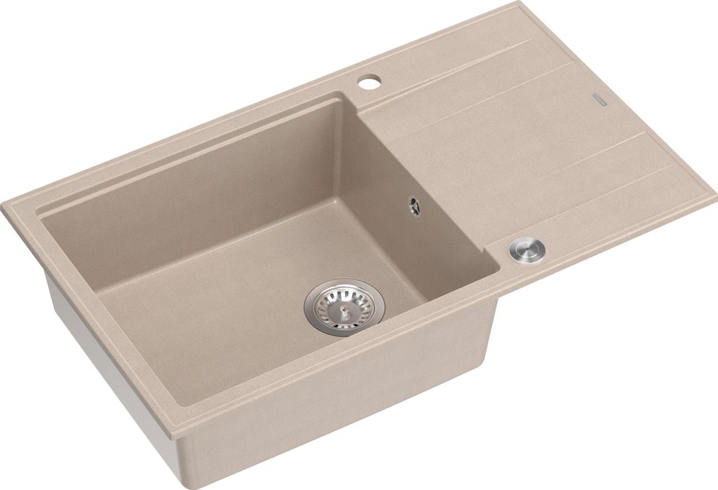 QUADRON Spülbecken 1-Becken Spüle | Größe: 86 x 50 x 21 cm | EVAN 136 | Küchenspüle Granitspüle aus GraniteQ mit Siphon | Beige & Stahl