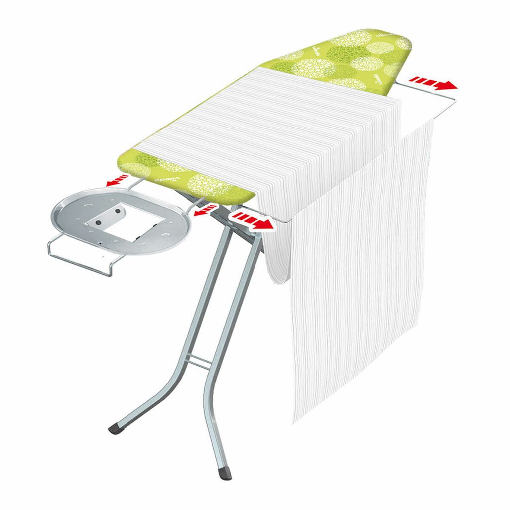 An ironing board with a green patterned cover and a white striped fabric draped over it, showing how to use an accessory.