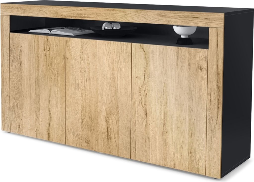 Vladon Sideboard Valencia, Germany, Kommode mit 3 Türen und 1 offenem Fach, Schwarz matt/Eiche Natur/Eiche Natur (155 x 92 x 40 cm)