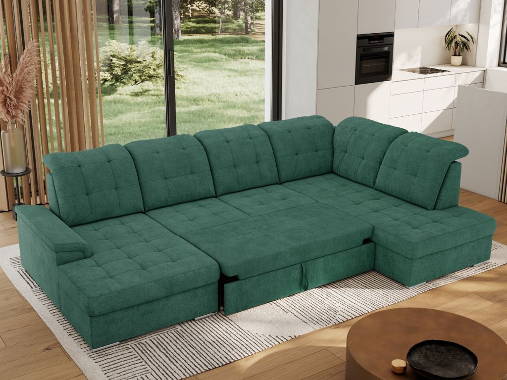 MKS MEBLE Ecksofa Wohnlandschaft U-Form, Sofa mit Schlaffunktion, Schlafsofa mit bettkasten, Couch mit Schlaffunktion - Grün Struktur - Madrito U ...