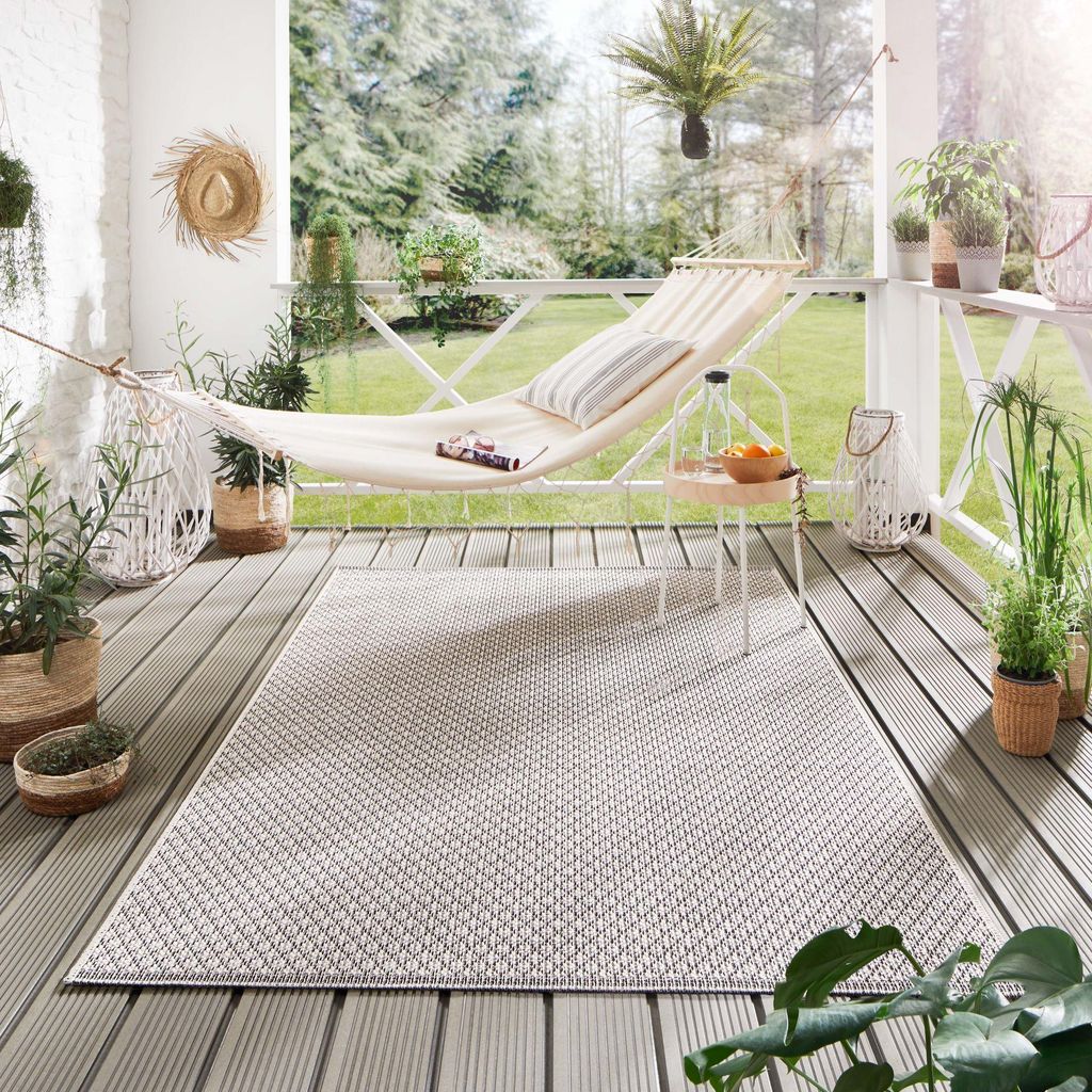 Steffensmeier Indoor Outdoor Teppich Norrland Garten Flur Balkon, wasserfest, strapazierfähig und pflegeleicht, Karo Beige Schwarz, Größe: 160x2...