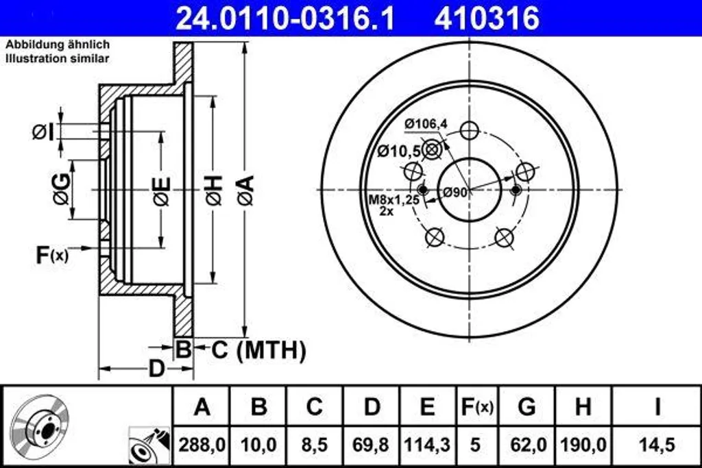 Disque de frein haute teneur en carbone ATE 24.0110-0316.1 pour Lexus RX