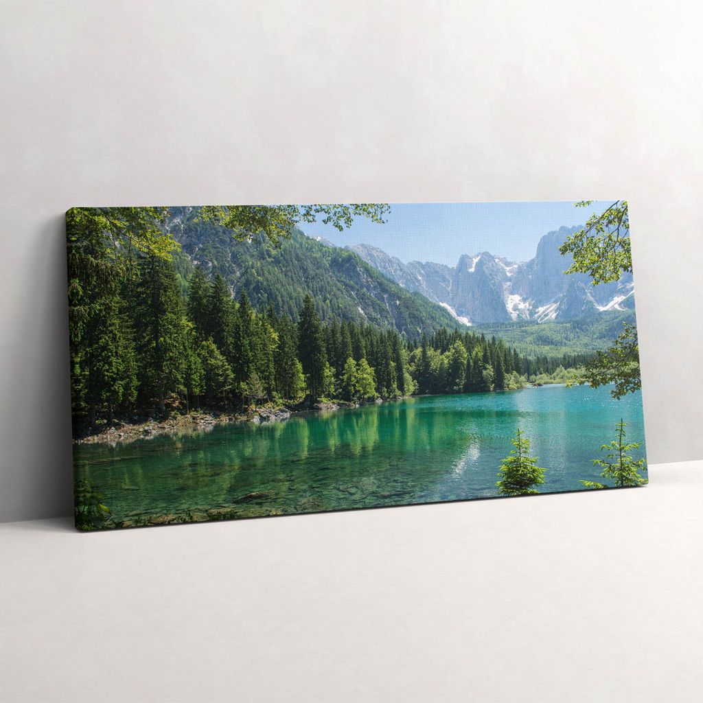 Berglandschaft mit einem See im Wald – Leinwandbild Wandbild – 120x60 cm – Leinwandbilder – Wandbilder – Schlafzimmer – Flur
