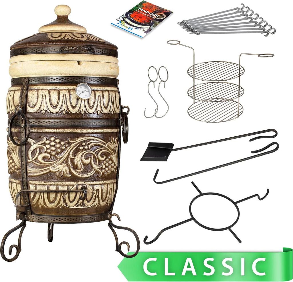 Tandoor Muskat – handgefertigter Lehmofen aus Schamott | 100 kg | Multifunktionsdeckel & Thermometer | Classic-Set mit Spießen, Rost & Kreuzring...