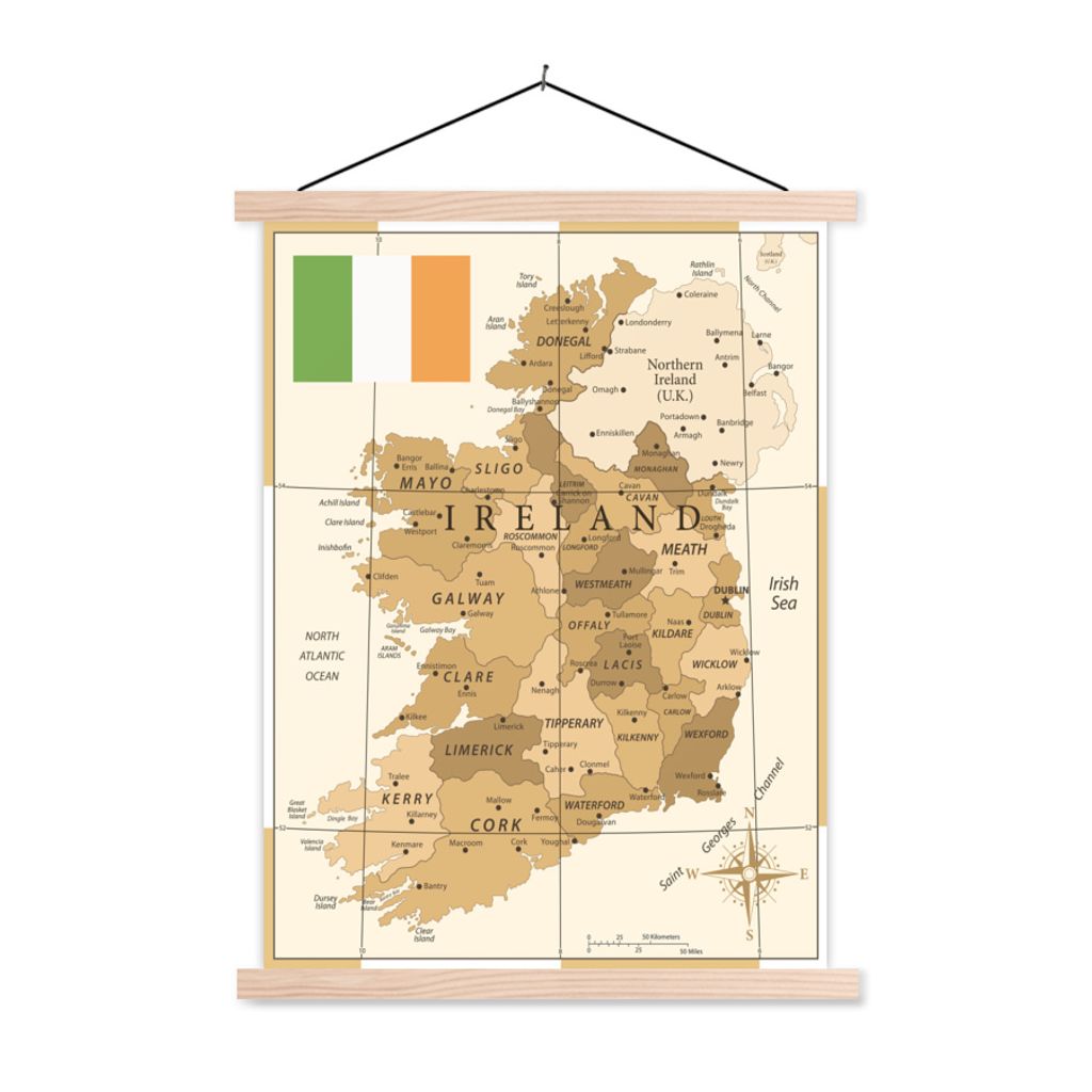 MuchoWow Textilposter Altmodische Karte von Irland 60x80 cm mit holzfarbenen Rahmen - Wandbild