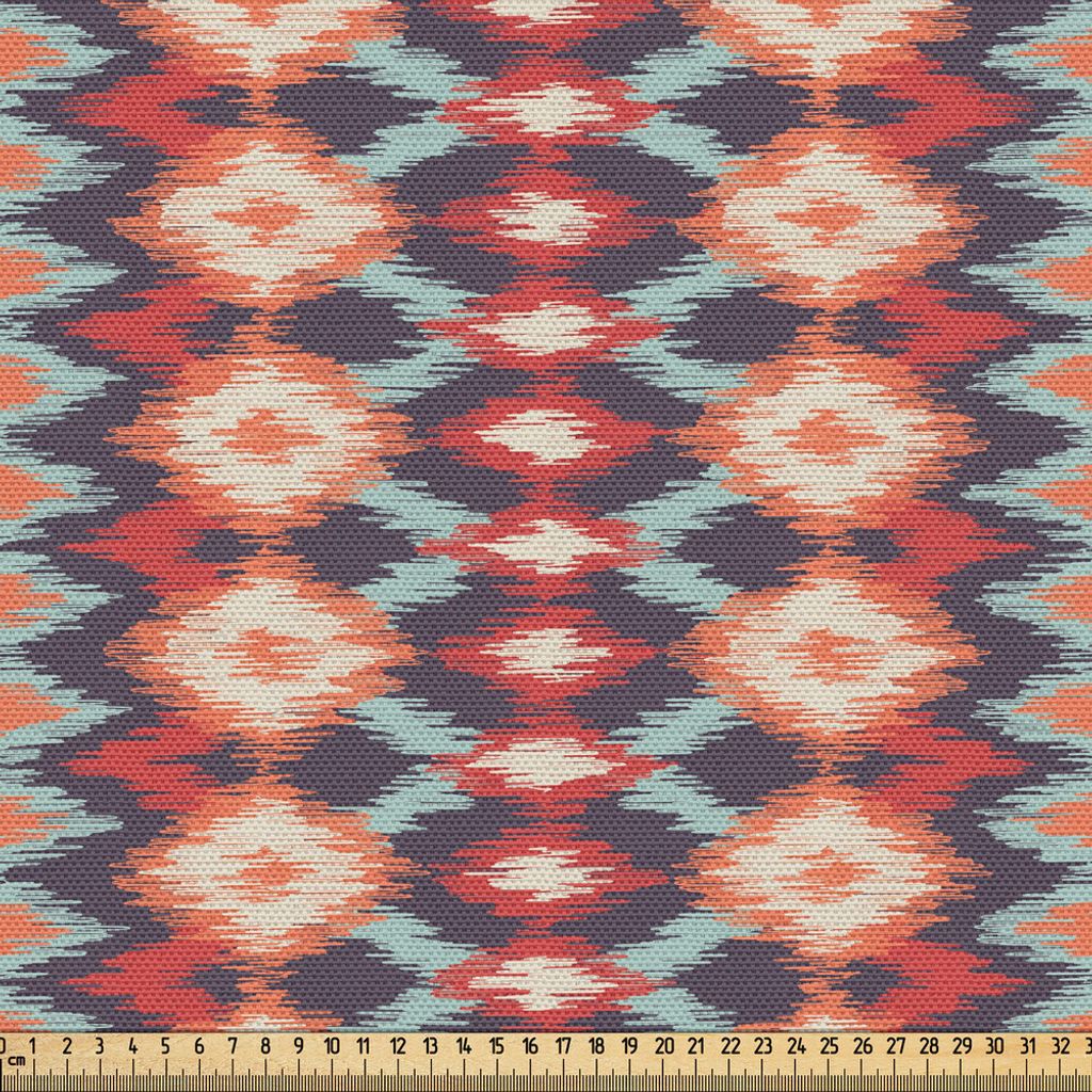 ABAKUHAUS Ikat Gewebe als Meterware, Ethnische indigene Kulturen Ornamental Abstract Rhombus und Linien, 5 M (148 x 500 cm), Vermilion orange Seafoam
