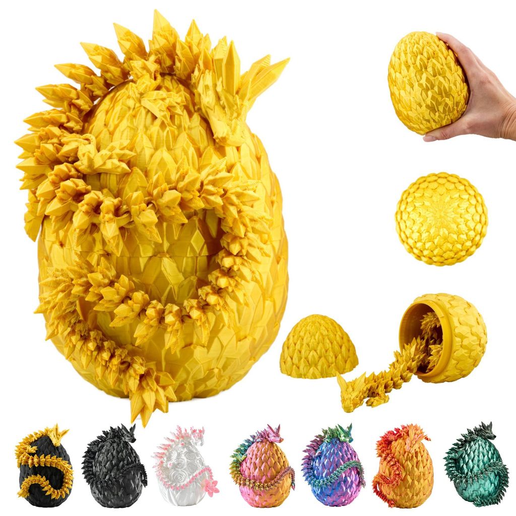 A collage of dragon egg toys in various colors, with a larger yellow dragon egg in the center, and a hand holding a smaller yellow egg in the top right.