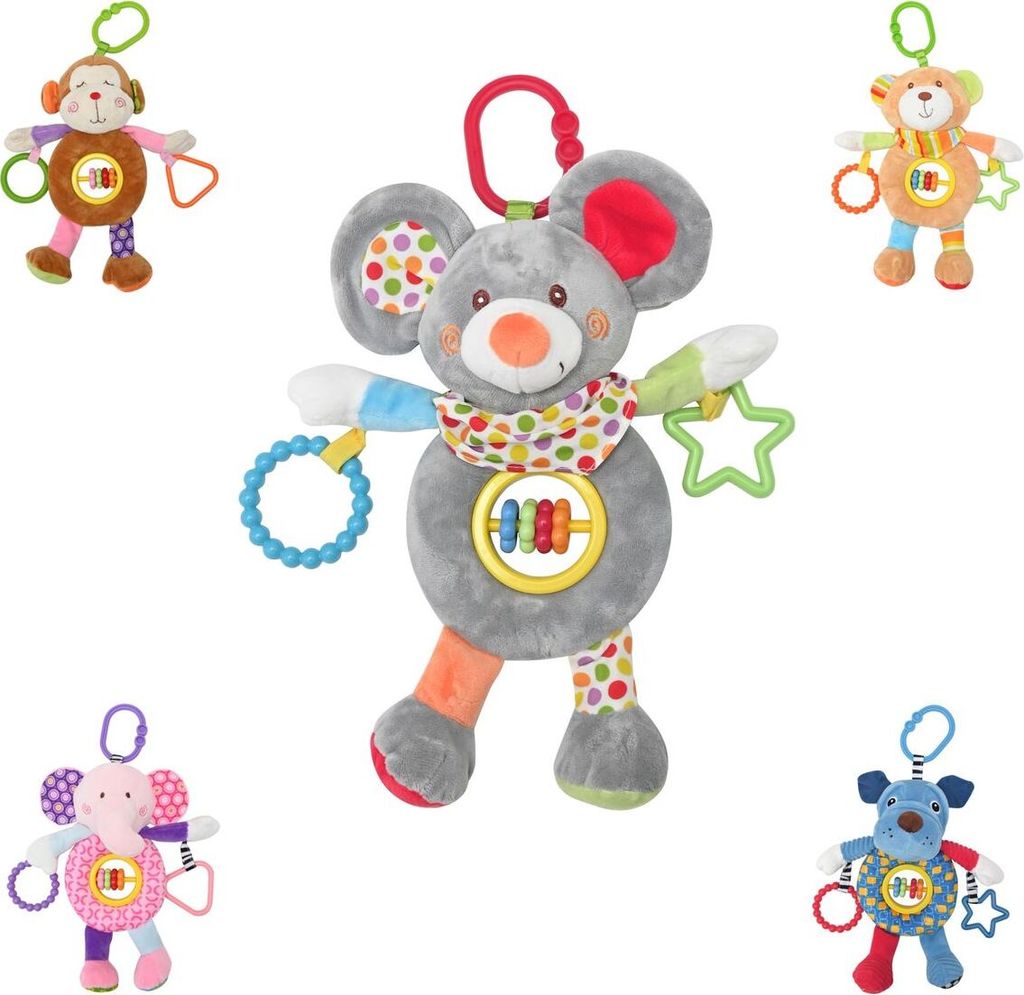 Lorelli Baby Kuscheltier Activitiy Spielzeug Plüsch, Greifling, C-Ring ab Geburt grau