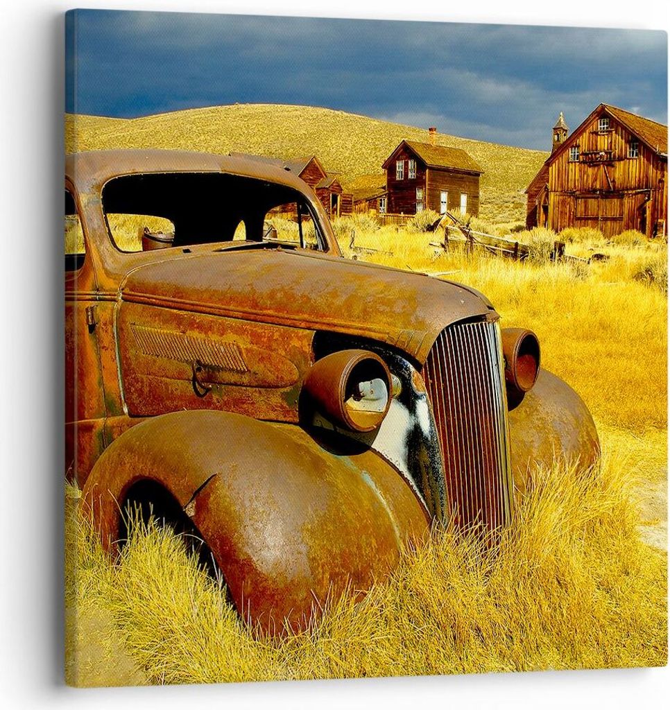 Bild auf Leinwand - Leinwandbild - Bauernhof altes Auto aufgegeben - 40x40cm - Wand Bild - Wanddeko - Leinwanddruck - Bilder - Kunstdruck - Wanddek...