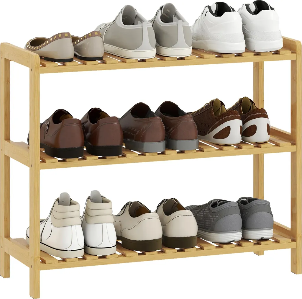 Petit support chaussures bambou naturel 3 niveaux marron clair 70x26cm