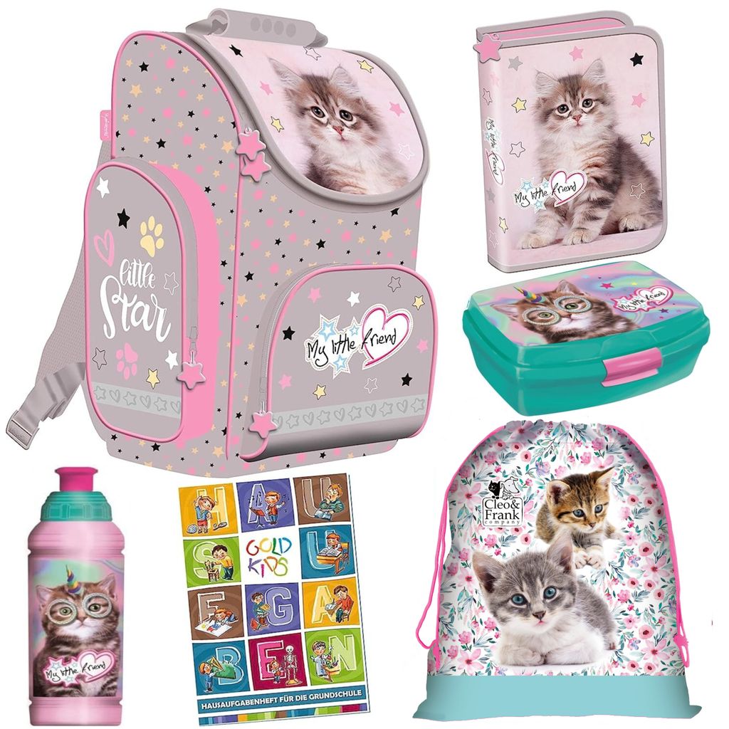 My Little Friend Schulranzen Set Ranzen Federmappe Turnbeutel Brotdose Trinkflasche Aufgabenheft Grey Cat Katze 6-teilig
