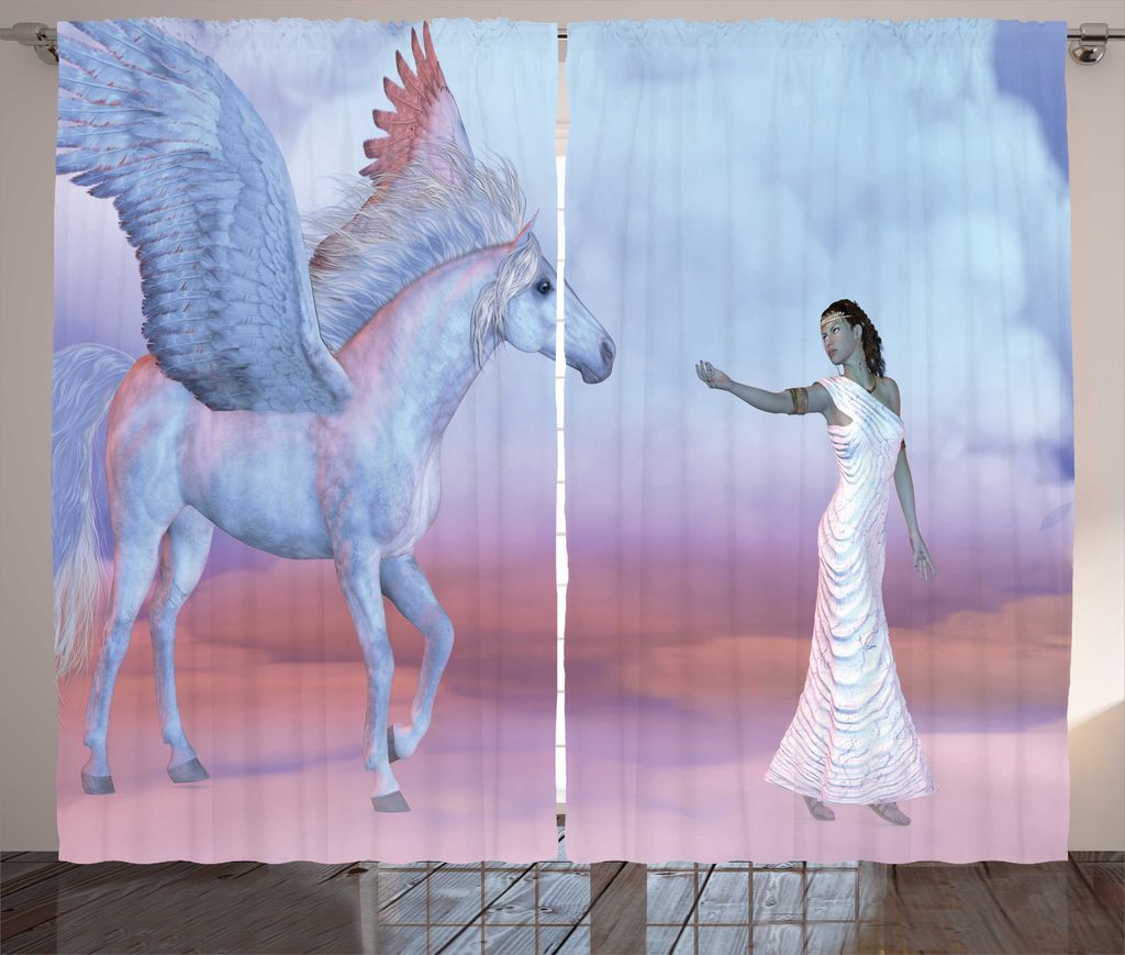 ABAKUHAUS Athena Rustikaler Gardine, Dreamy Lady und Angel Pferd, Schlafzimmer Kräuselband Vorhang mit Schlaufen und Haken, 280 x 175 cm, Mehrfarbig