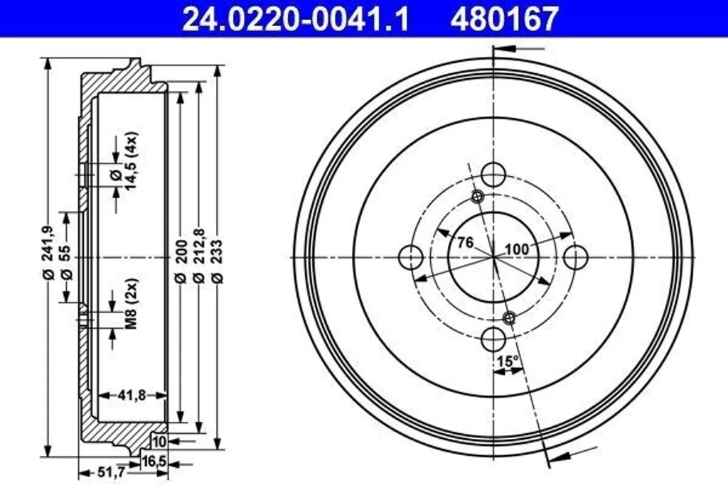 ATE 24.0220-0041.1 Tambour de Frein pour Toyota Yaris P1 OE 42431-52021