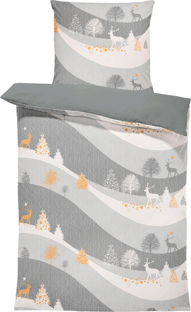 Winter Biber Bettwäsche 155x220 cm Rentiere Weihnachten grau Flanell Baumwolle