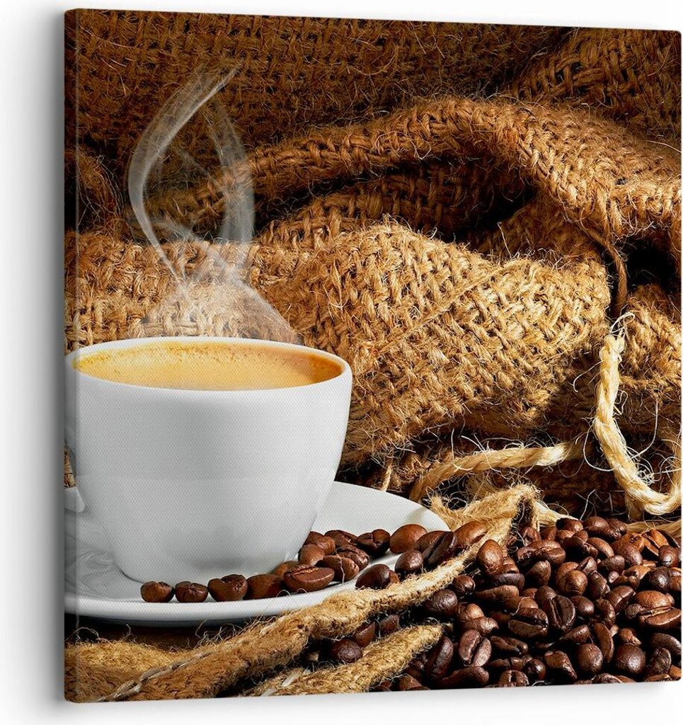Bild auf Leinwand - Leinwandbild - Cappuccino Tasse Körner Beutel - 30x30cm - Wand Bild - Wanddeko - Leinwanddruck - Bilder - Kunstdruck - Wanddek...