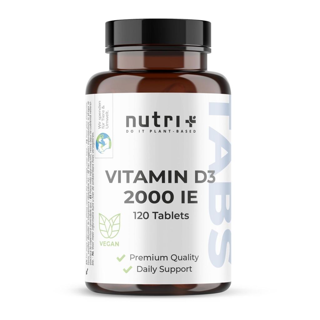 nutri+ Vitamin D3 Tabletten - 2000 IE/Tablette - hochdosiert & vegan - 120 Tabs