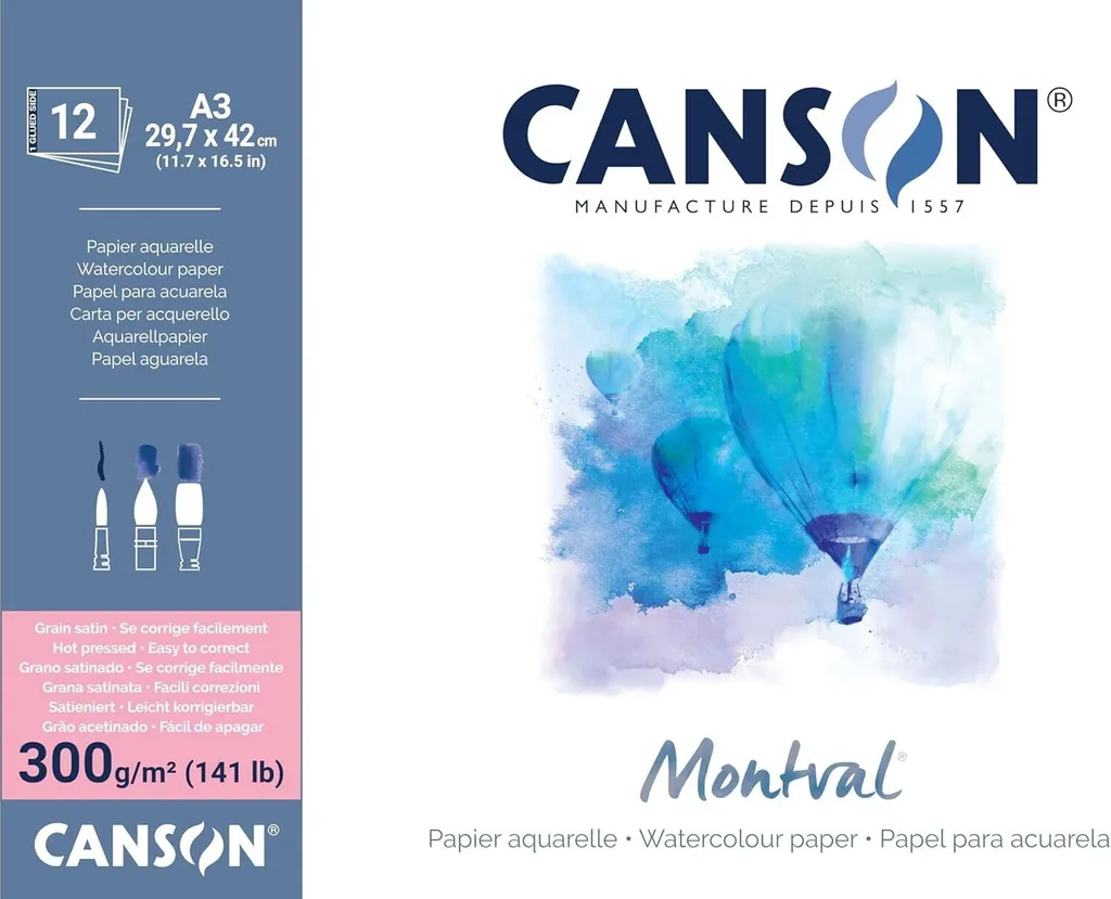 Bloc Papier Dessin Aquarelle Canson Montval A3 300g Grain Fin 12 Fls