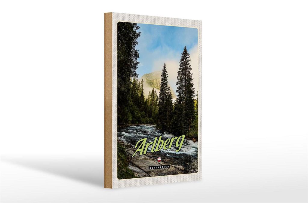 Holzschild Reise 20x30cm Arlberg Wälder Wasserfall Strömung