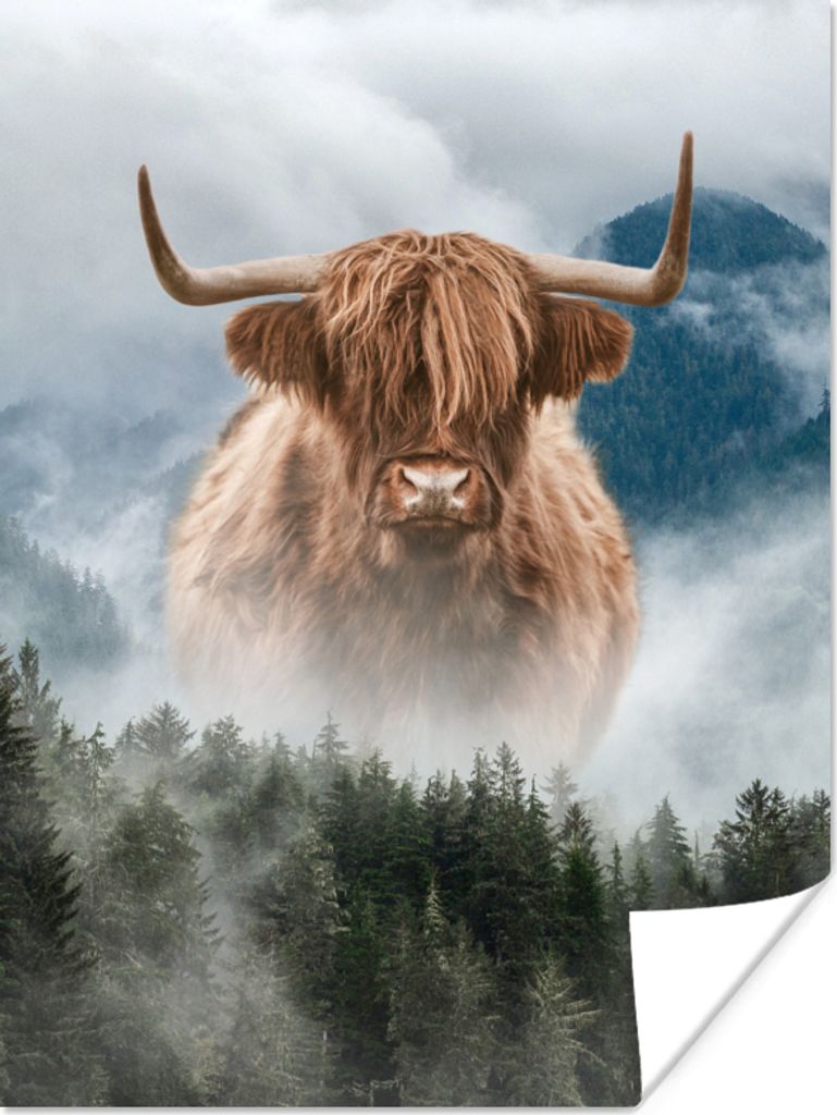 MuchoWow Poster Schottischer Highlander - Nebel - Wald 120x160 cm - Wandbilder