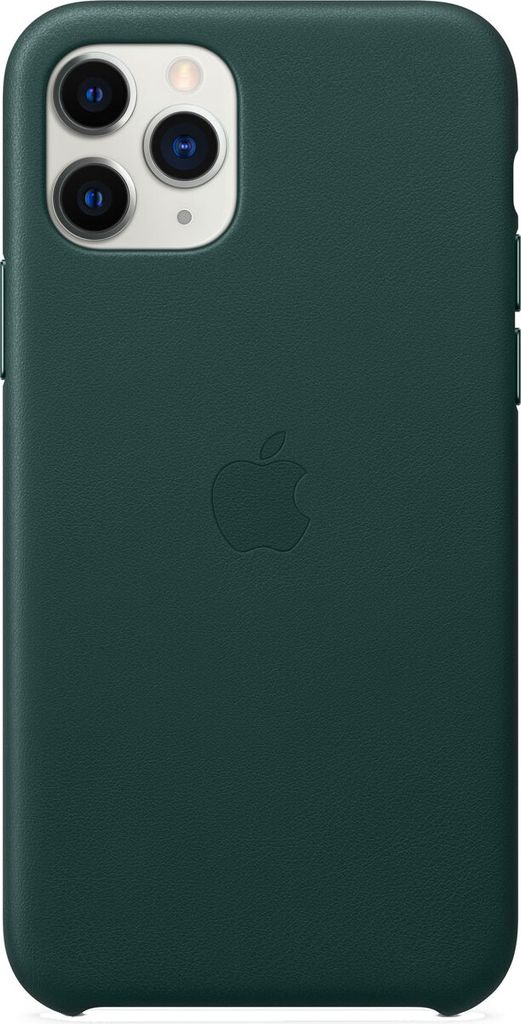 A dark green iPhone 11 Pro case with the Apple logo embossed on the back.