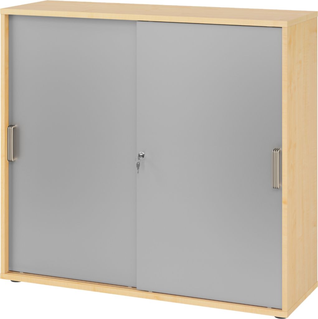 bümö Schiebetürenschrank office - 3 Ordnerhöhen - Nachbildung Ahorn/Silber, Griff: Streifengriff (Kunststoff)