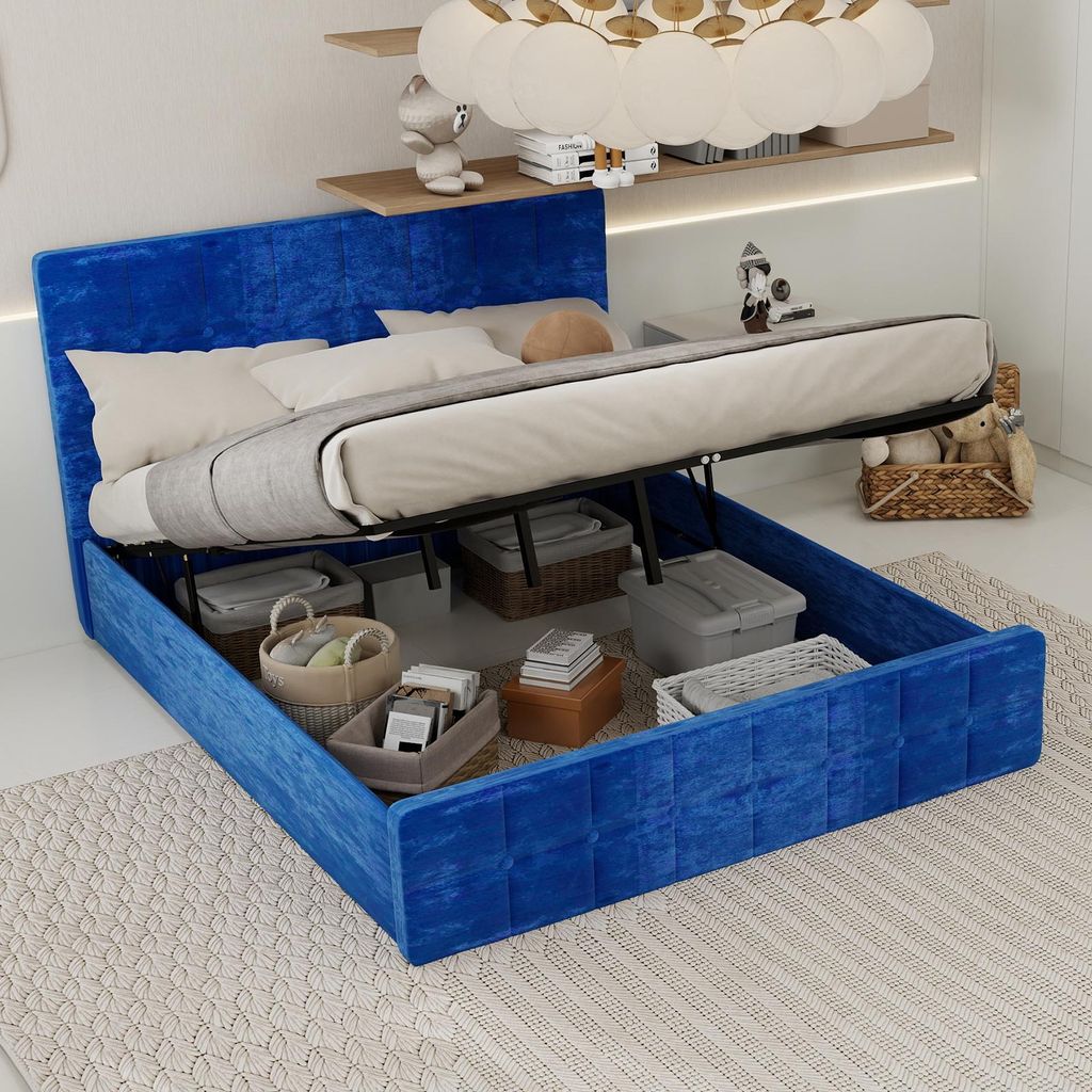 MODFU Doppelbett 160x200 Jugendbett Bettgestell mit Knöpfen modernes Design ,Polsterbett mit Samtoptik gepolstertes Kopfteil,ohne Matratze,Blau