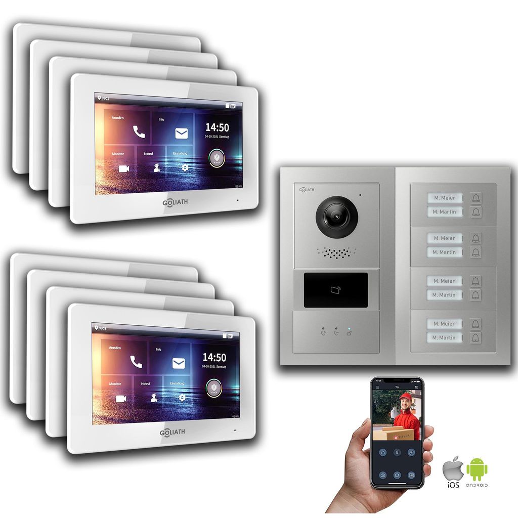 Goliath 2-Draht BUS Video Türsprechanlage: 8 Familienhaus, RFID, Anzeige, Silber : 7 Zoll in Weiß : Unterputzdose Monitor Auswahl: 7 Zoll in Wei...