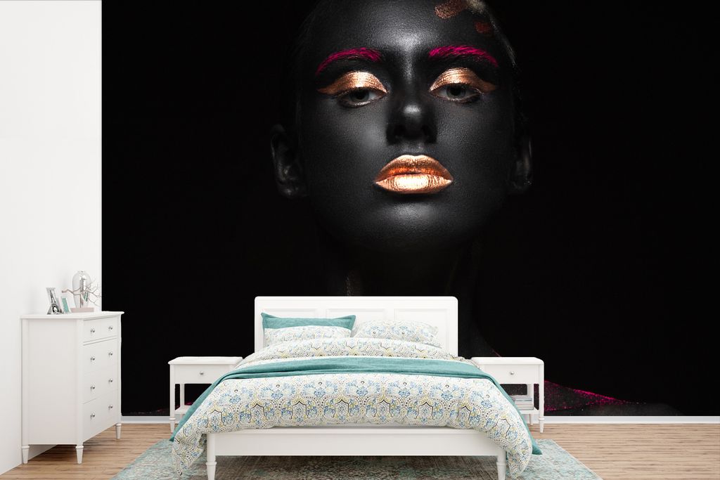 MuchoWow Fototapete für Wohnzimmer oder Schlafzimmer Wandtapete Vinyl Motivtapete Frau - Gold - Schwarz - 450x300 cm - Gemusterte