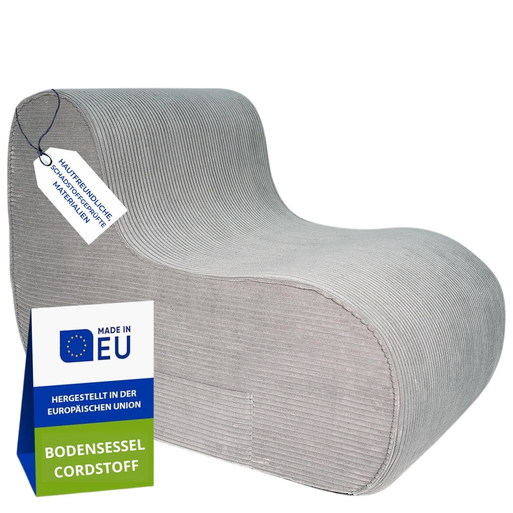 Pillows24 - Bodensessel aus Cordstoff 93×70×65cm | Kindersessel & Lounge Sessel mit waschbarer Bezug für Jugendliche & Erwachsene (Hellgrau)