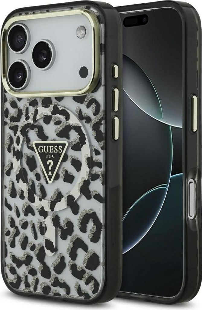 GUESS case passend für IPHONE 17 Pro Max kompatibel mit MagSafe GUHMP17XHLEGTGLK (PC TPU W/ Leopard Glitter) black