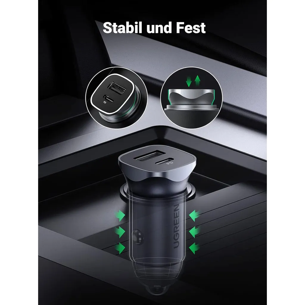 Ugreen 30780 Caricabatterie Auto 24W USB-C PD e USB-A QC 3.0 Grigio - 32