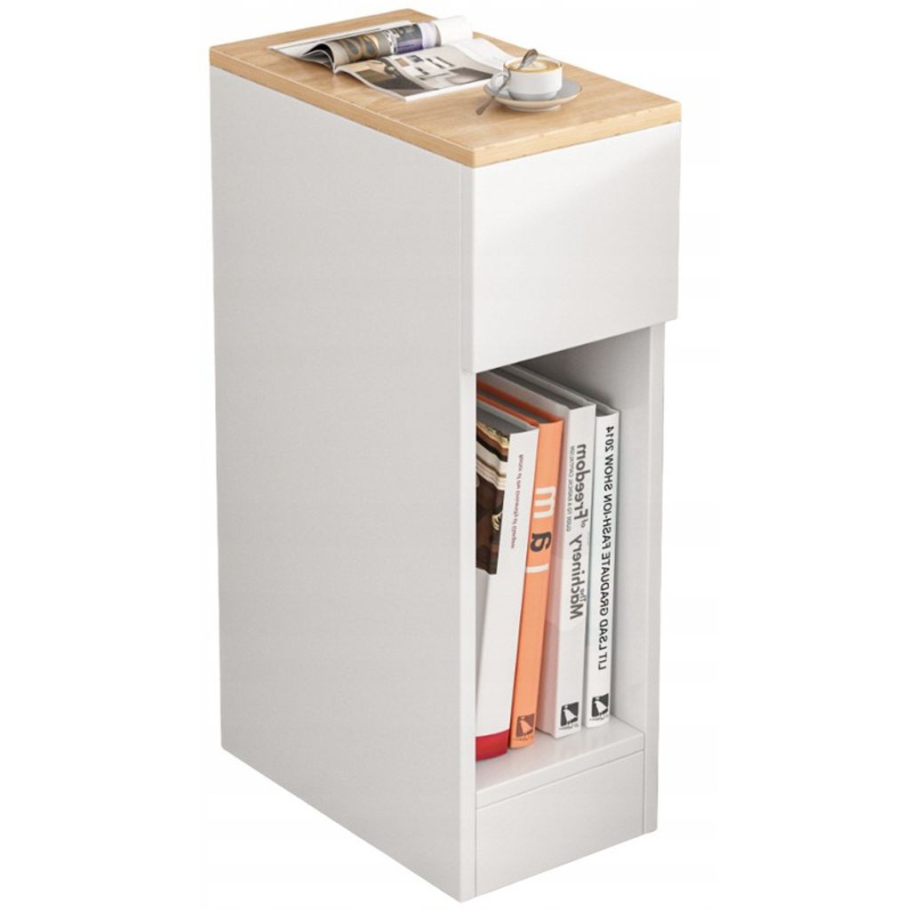 A narrow white bedside table with a wooden top, featuring a small drawer and an open shelf displaying several books.