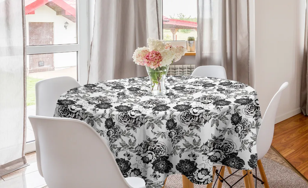 Tovaglia Abakuhaus 150cm Rotonda Motivo Botanico Tortora e Grigio
