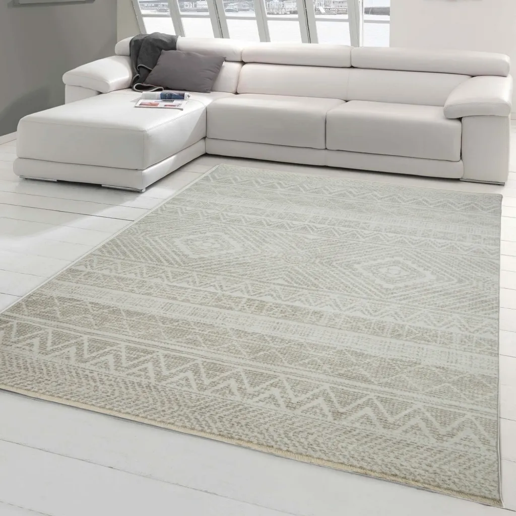 Grand tapis de salon crème zigzag 160x230 cm - Tissage plat résistant