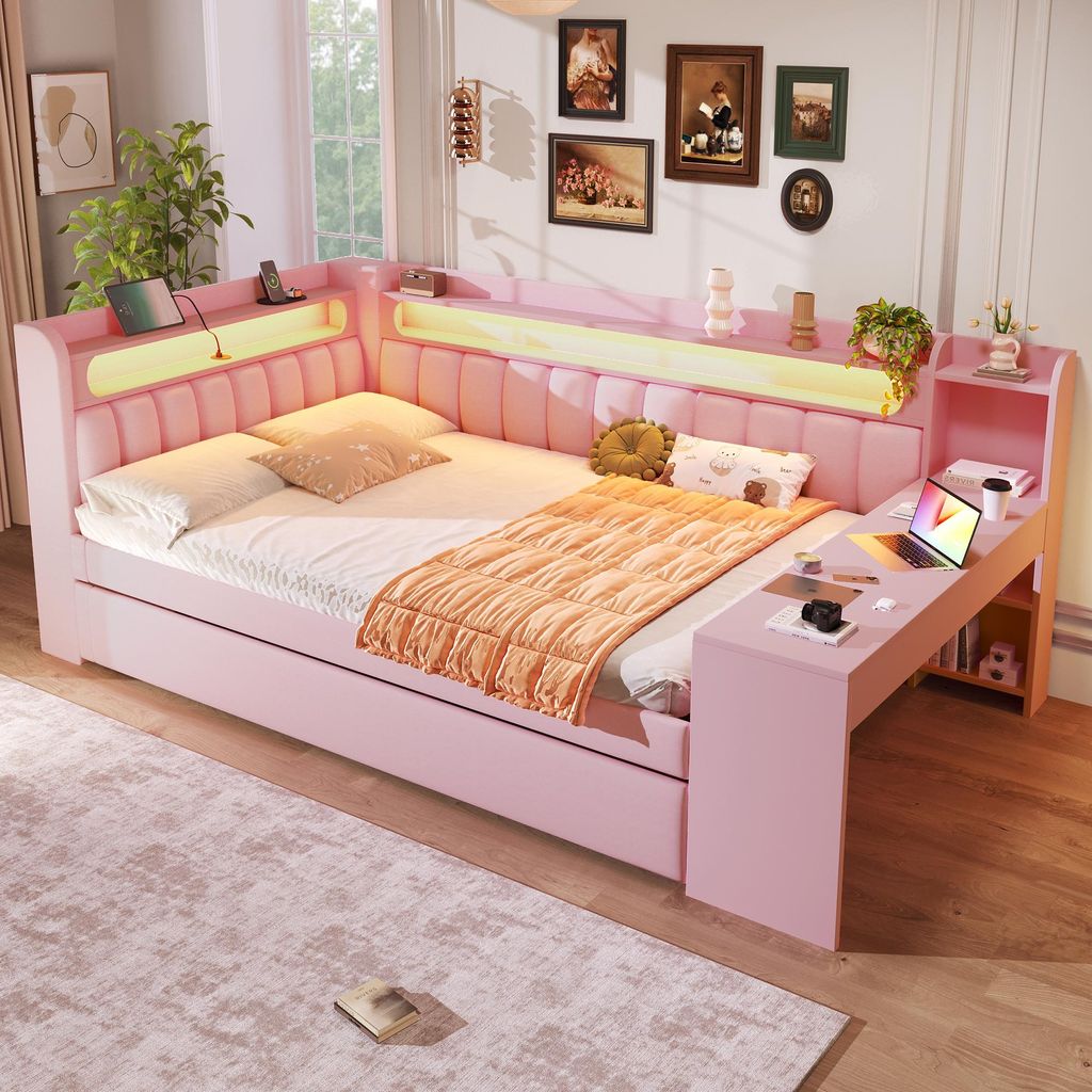 MODFU Sofabett 140x200 Daybett Kinderbett mit integriertem USB,Bettgestell mit integrierten Schreibtisch,Jugendbett mit Ausziehbett und LED-Gürtel...