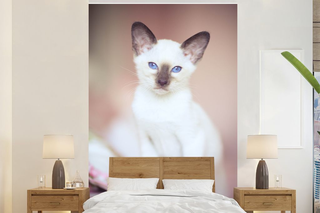 MuchoWow Fototapete für Wohnzimmer oder Schlafzimmer Wandtapete Vinyl Motivtapete Weiße Siamkatze auf einem Tischtuch - 180x280 cm - Wallpaper