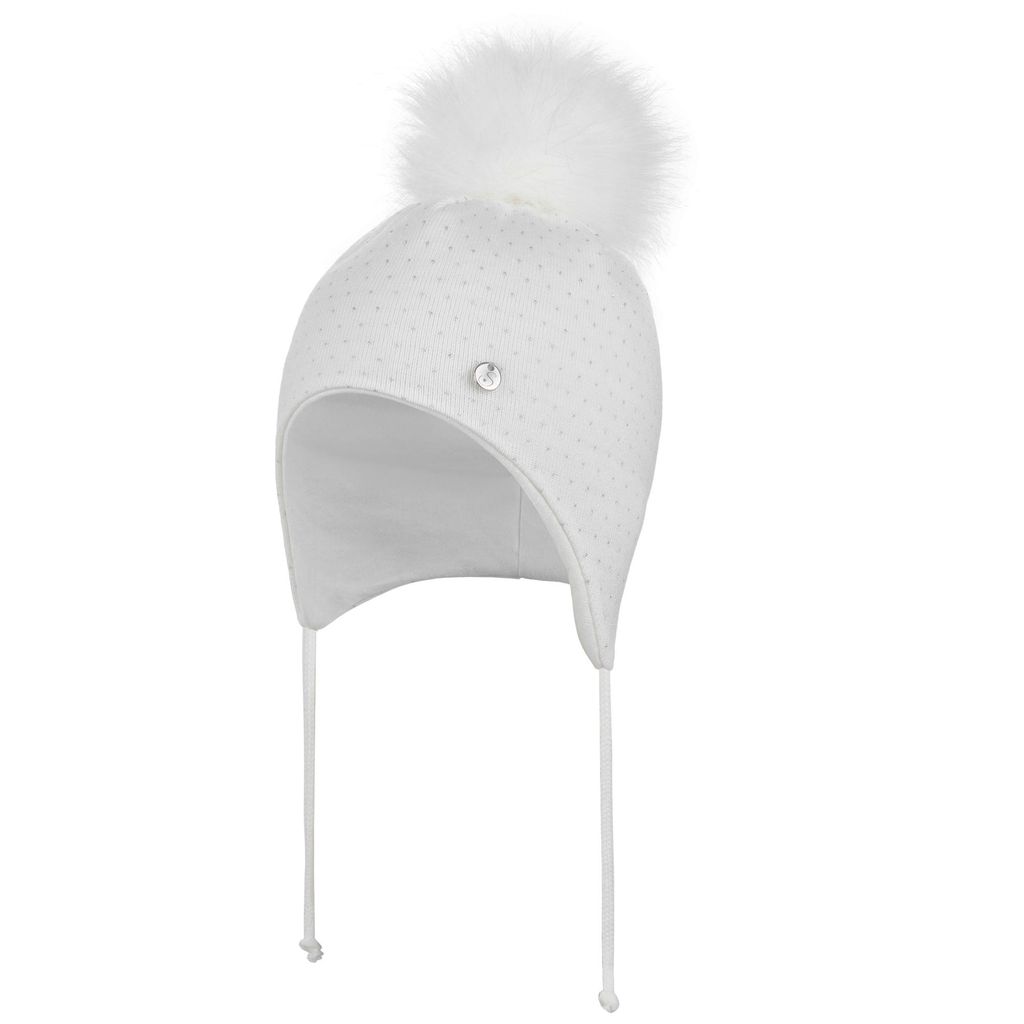 Baby Mädchen Wintermütze Strickmütze Bindemütze Bommelmütze, Weiß-Silber, Gr. 44
