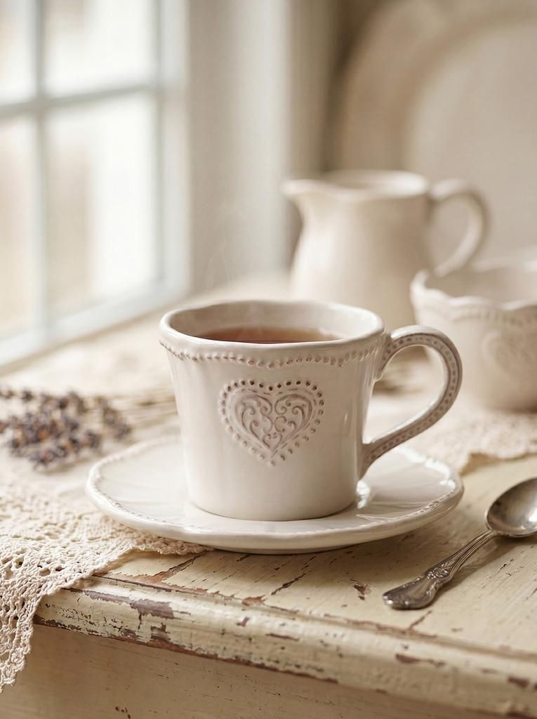 Clayre & Eef Tasse mit Untertasse 160 ml Beige Keramik Herz